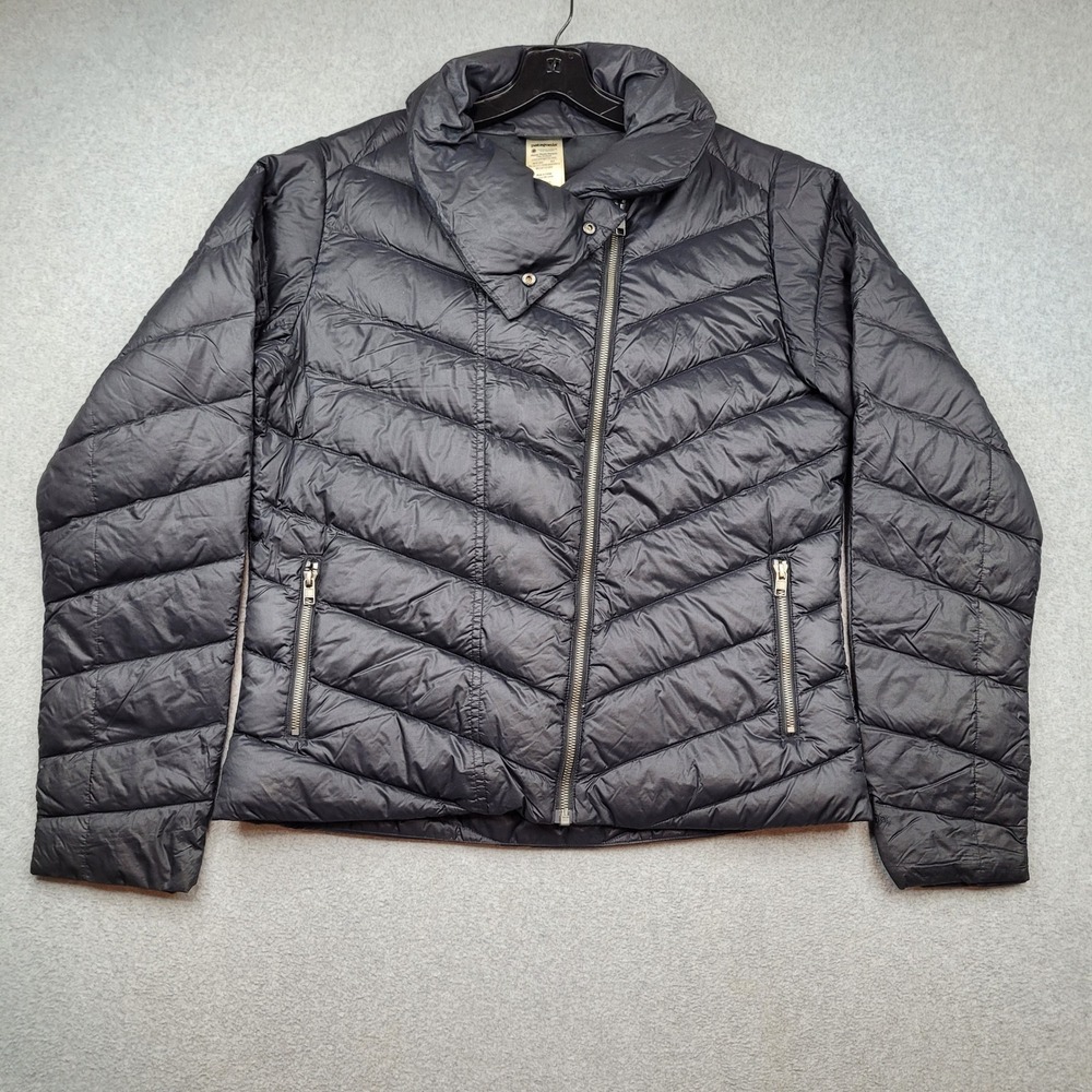 Patagonia Down With It Jacket Womens Large Black Puffer Asymmetrical Zip 28420